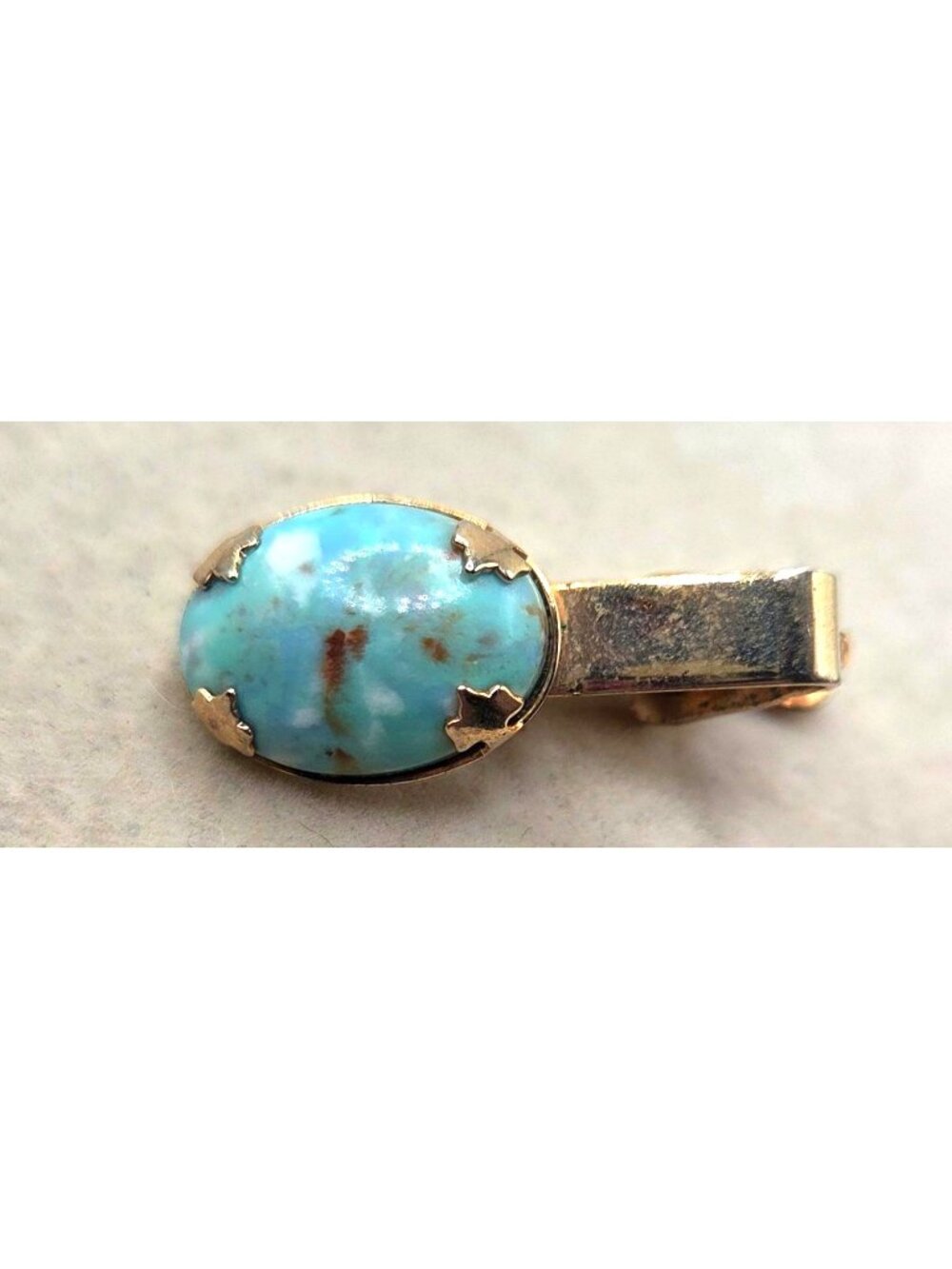 Vintage Gold Tone Clip-On Tie Turquoise-Look   Leaf Prong Design